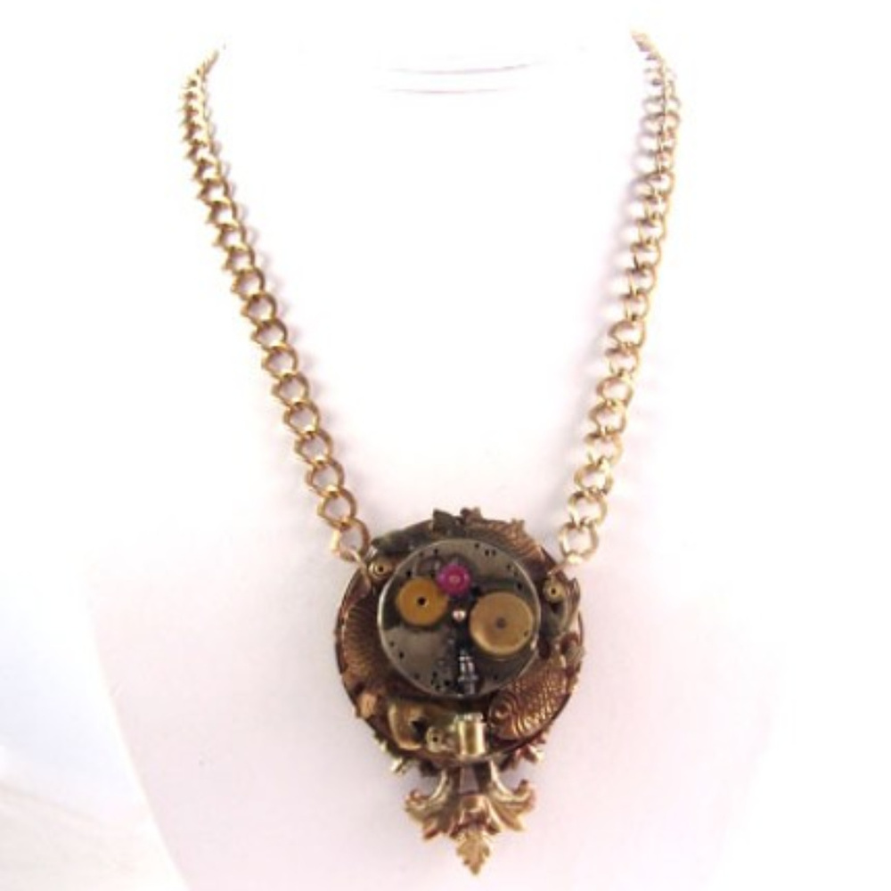 DESIGNER KAY Necklace Steampunk Vtg Watch GP Ruby - Picture 5 of 6